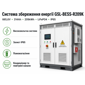 Система збереження енергії GSL-BESS-R209K 665.6V 314Ah 209kWh LiFePO4 IP65 Система збереження енергії GSL-BESS-R209K 665.6V 314Ah 209kWh LiFePO4 IP65